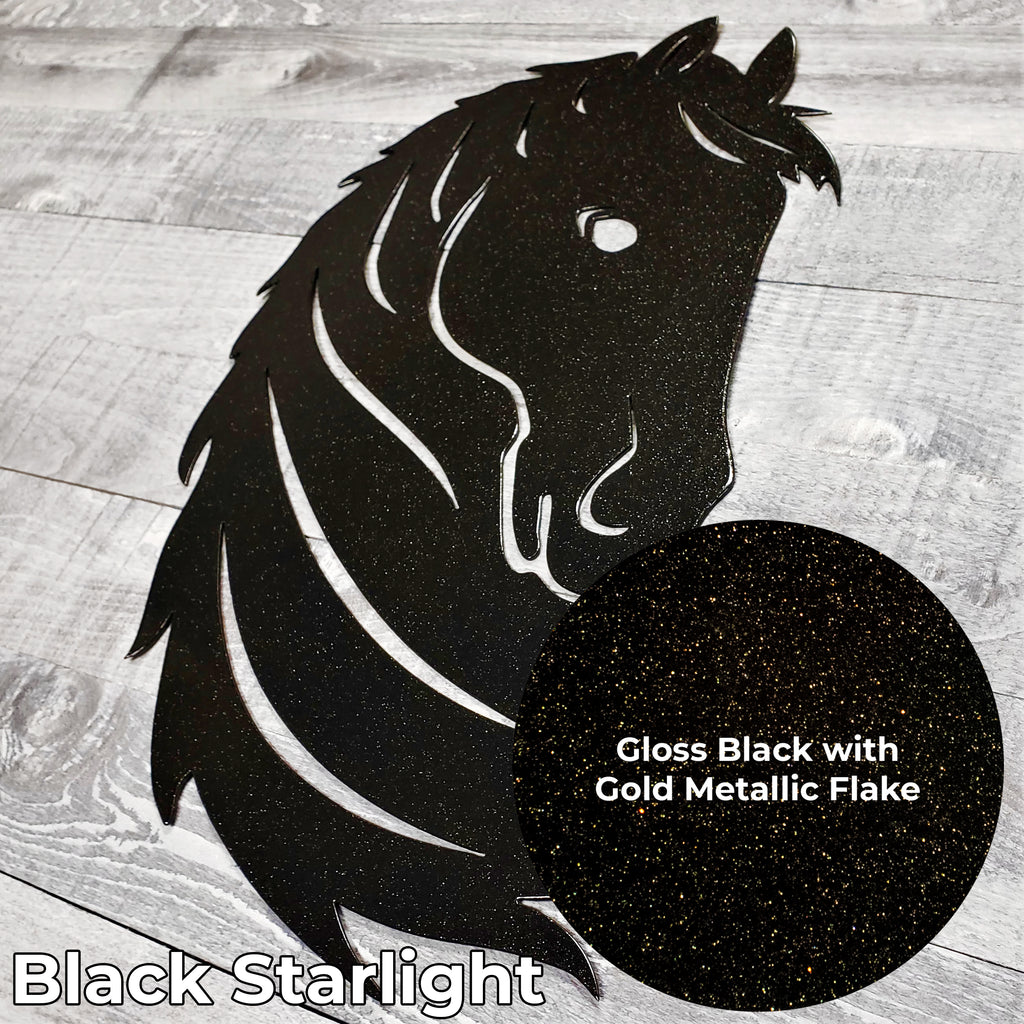 Black metal horse head wall art on a wooden surface with a close-up of the color finish