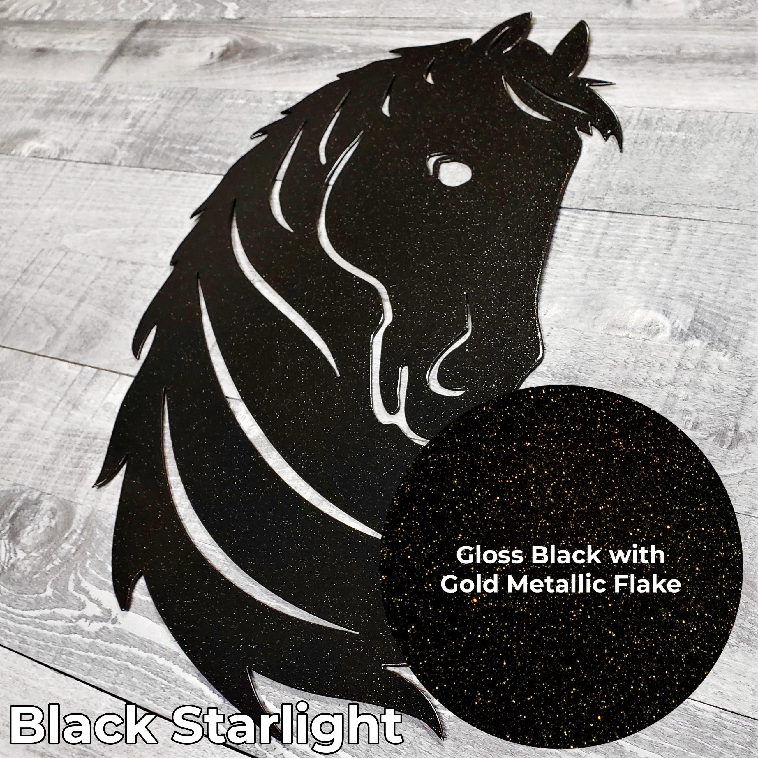 Black metal horse head wall art on a wooden surface with a close-up of the color finish