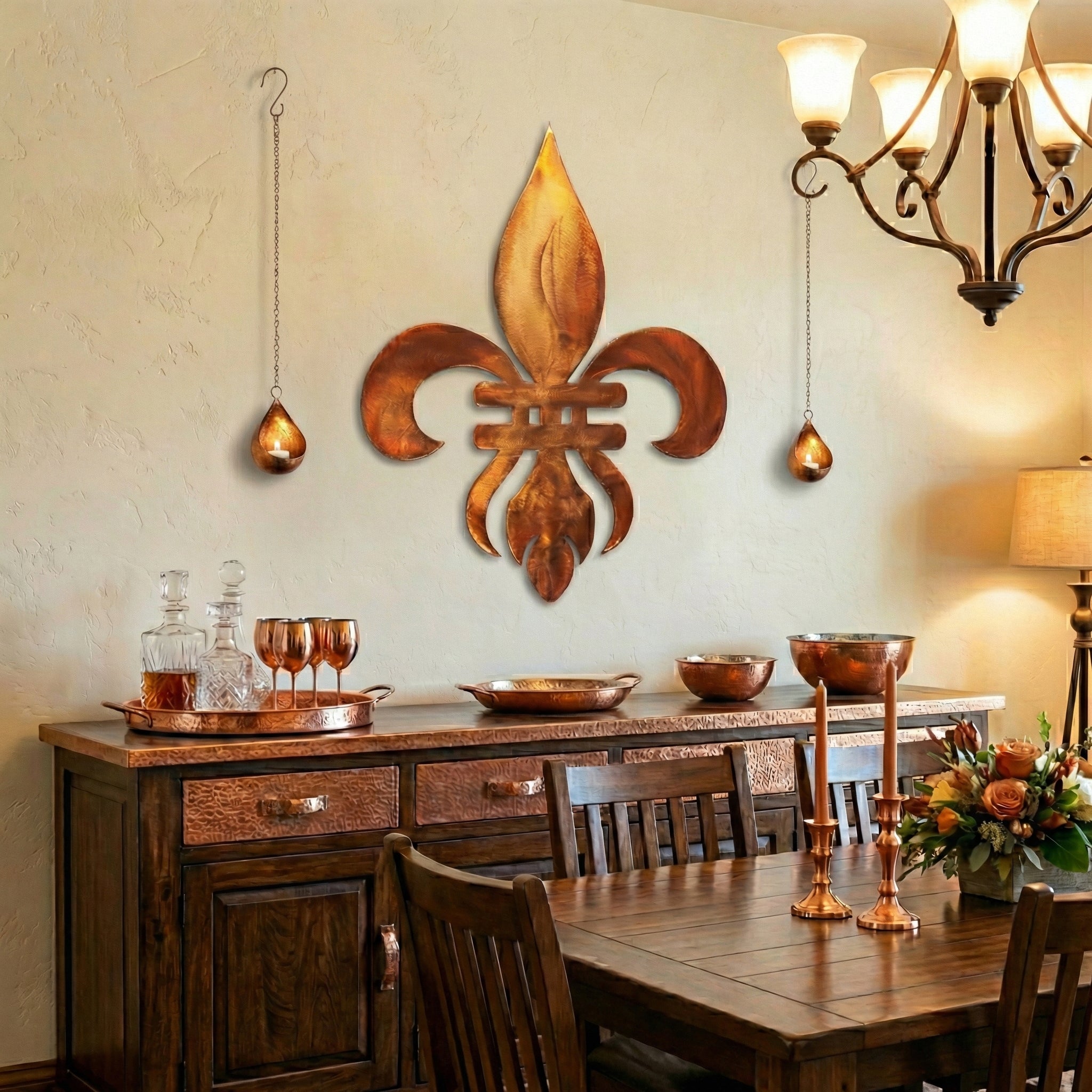 Dining room with wooden table, chairs, and a large metal fleur-de-lis wall art piece.