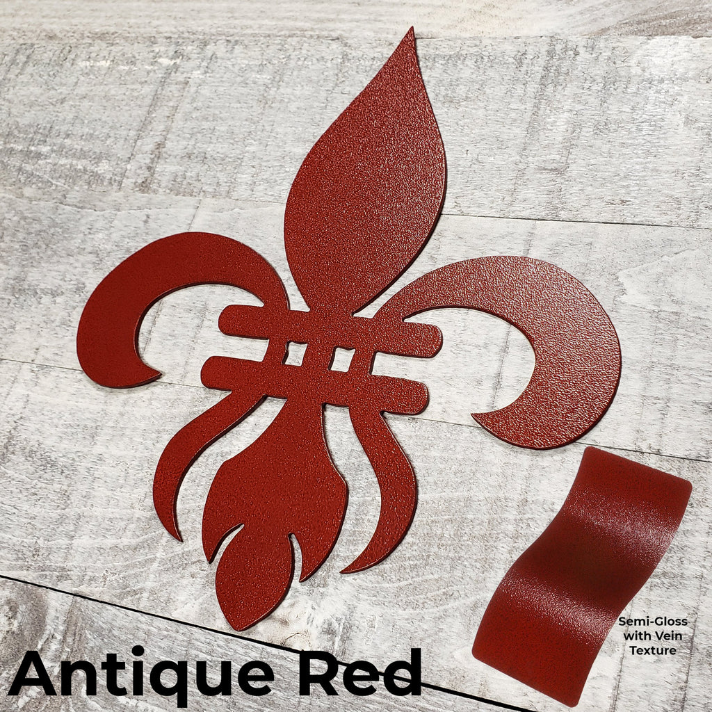 Decorative red metal fleur-de-lis on a wooden background with color panel