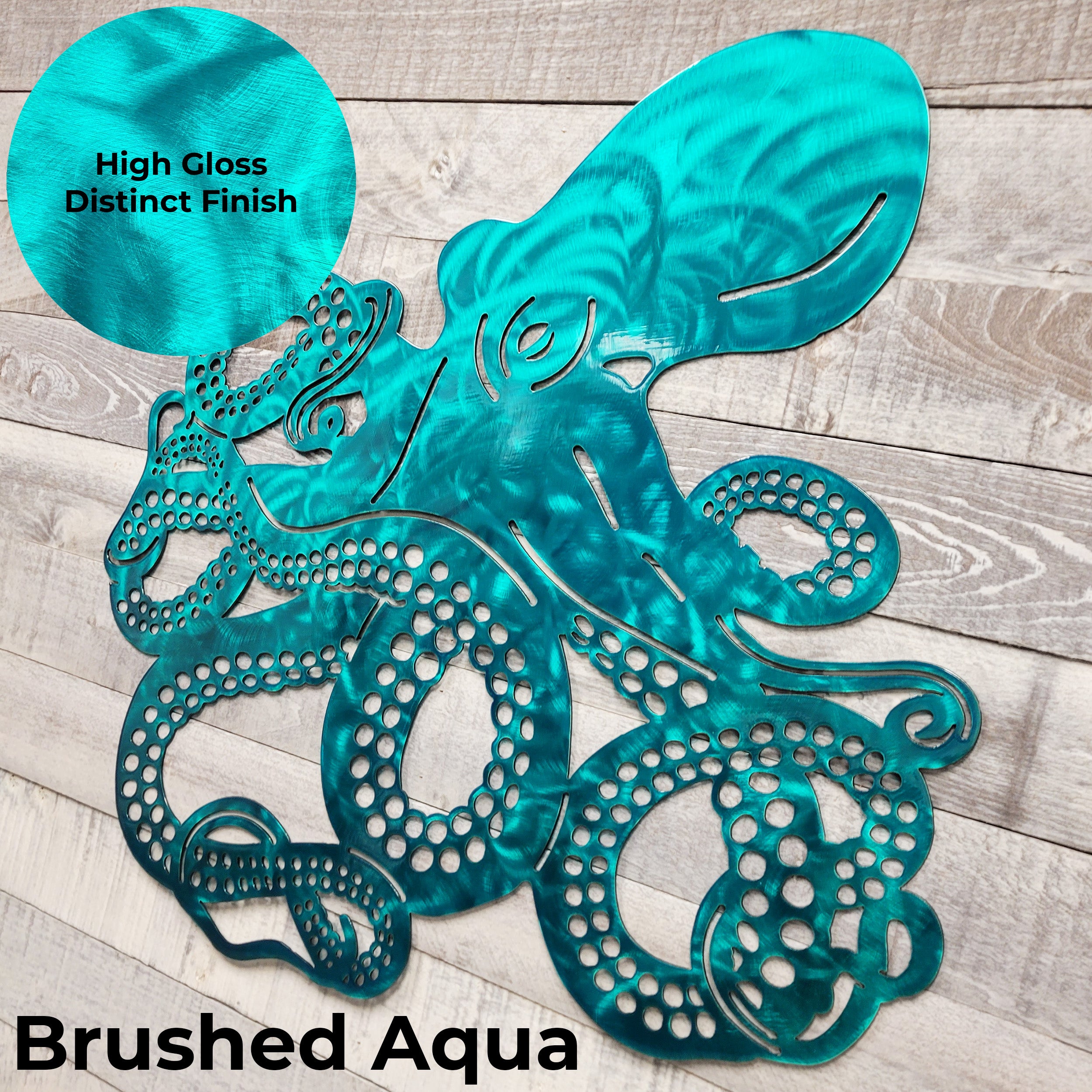 Metallic teal octopus sculpture on a wooden surface with 'High Gloss Distinct Finish' and 'Brushed Aqua' text.