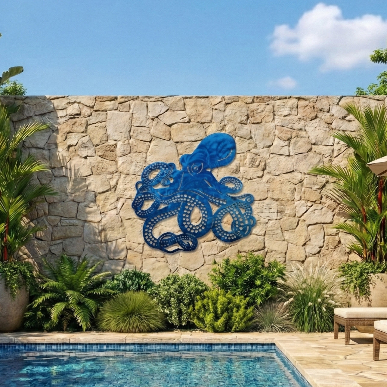 Blue octopus sculpture on a stone wall by a pool with plants and a clear sky.