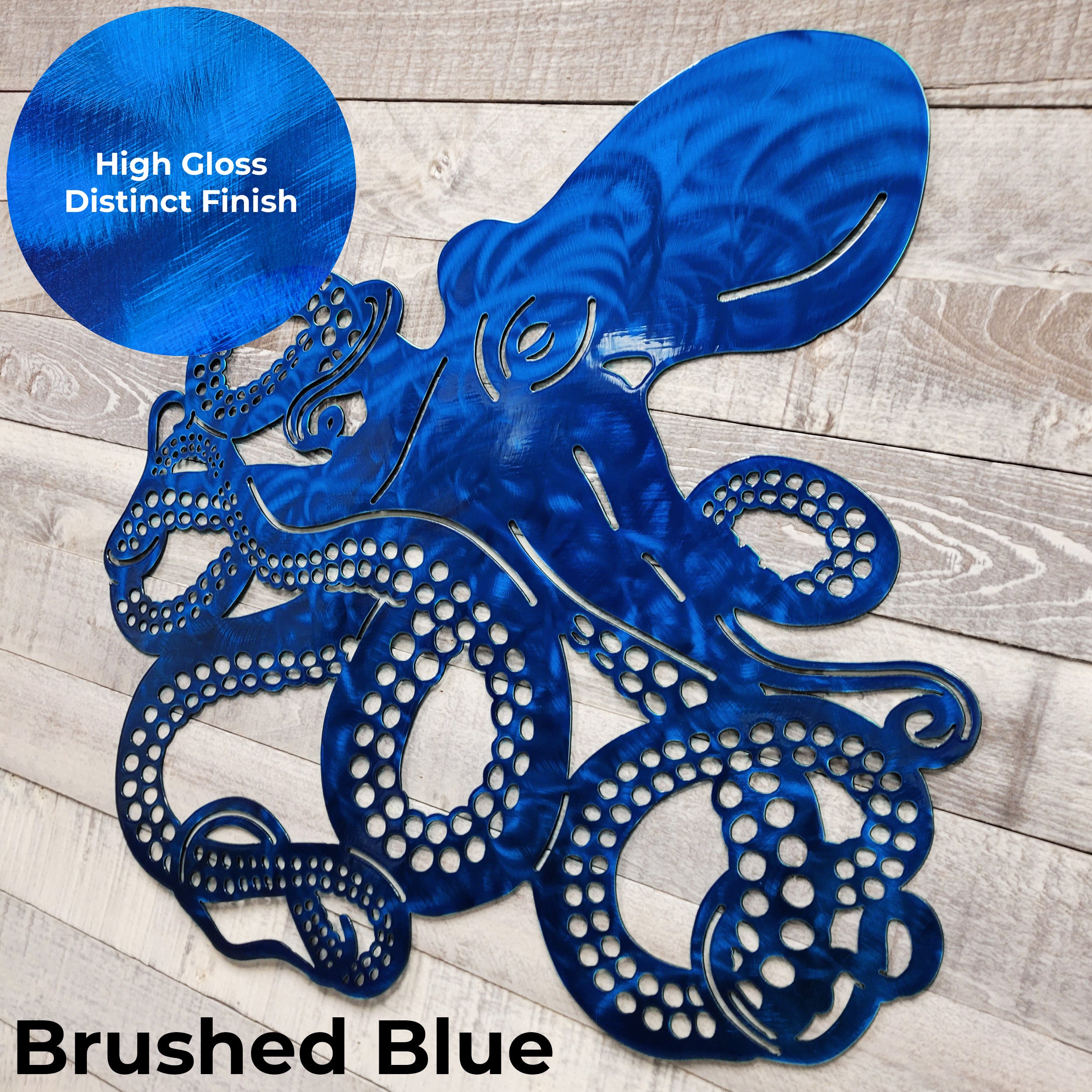 Blue metal octopus wall art with 'High Gloss Distinct Finish' text on a wooden surface