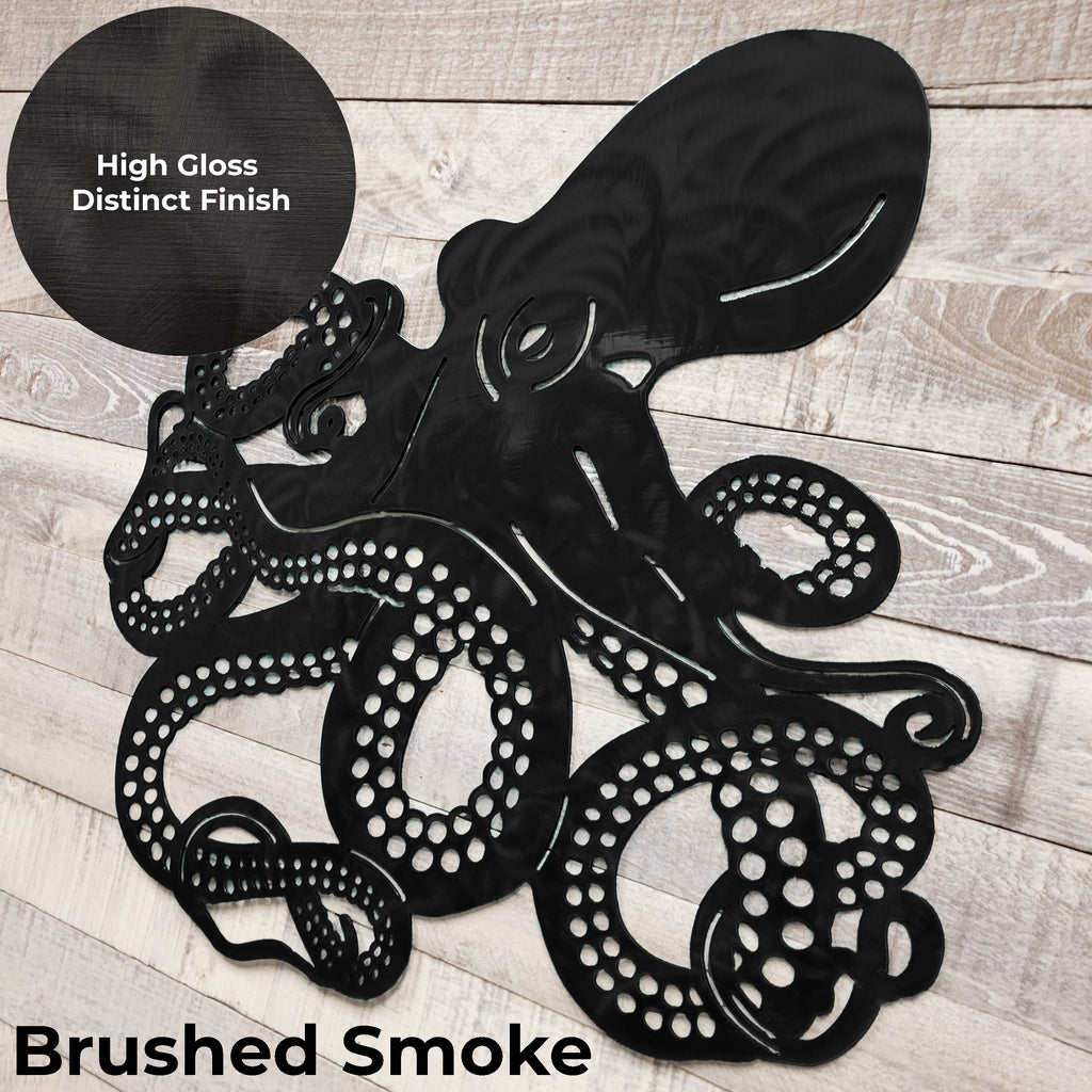 Black metal octopus sculpture on a wooden surface with 'High Gloss Distinct Finish' and 'Brushed Smoke' text.