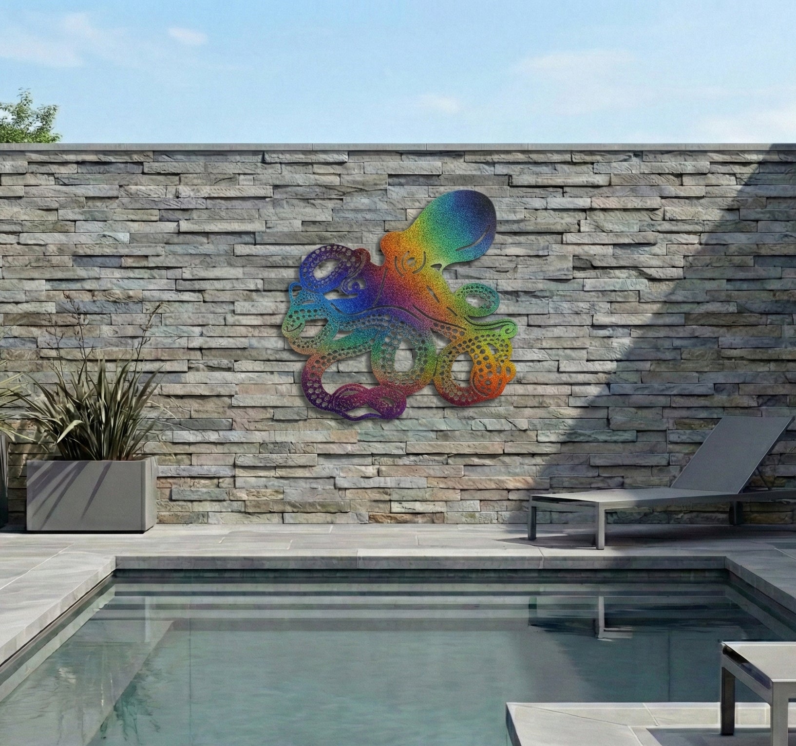 octopus metal wall art with a Rainbow finish on a stone wall by a poolside