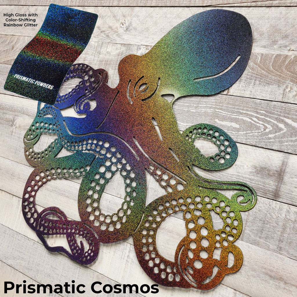 Colorful octopus design with 'Prismatic Cosmos' text on a wooden surface
