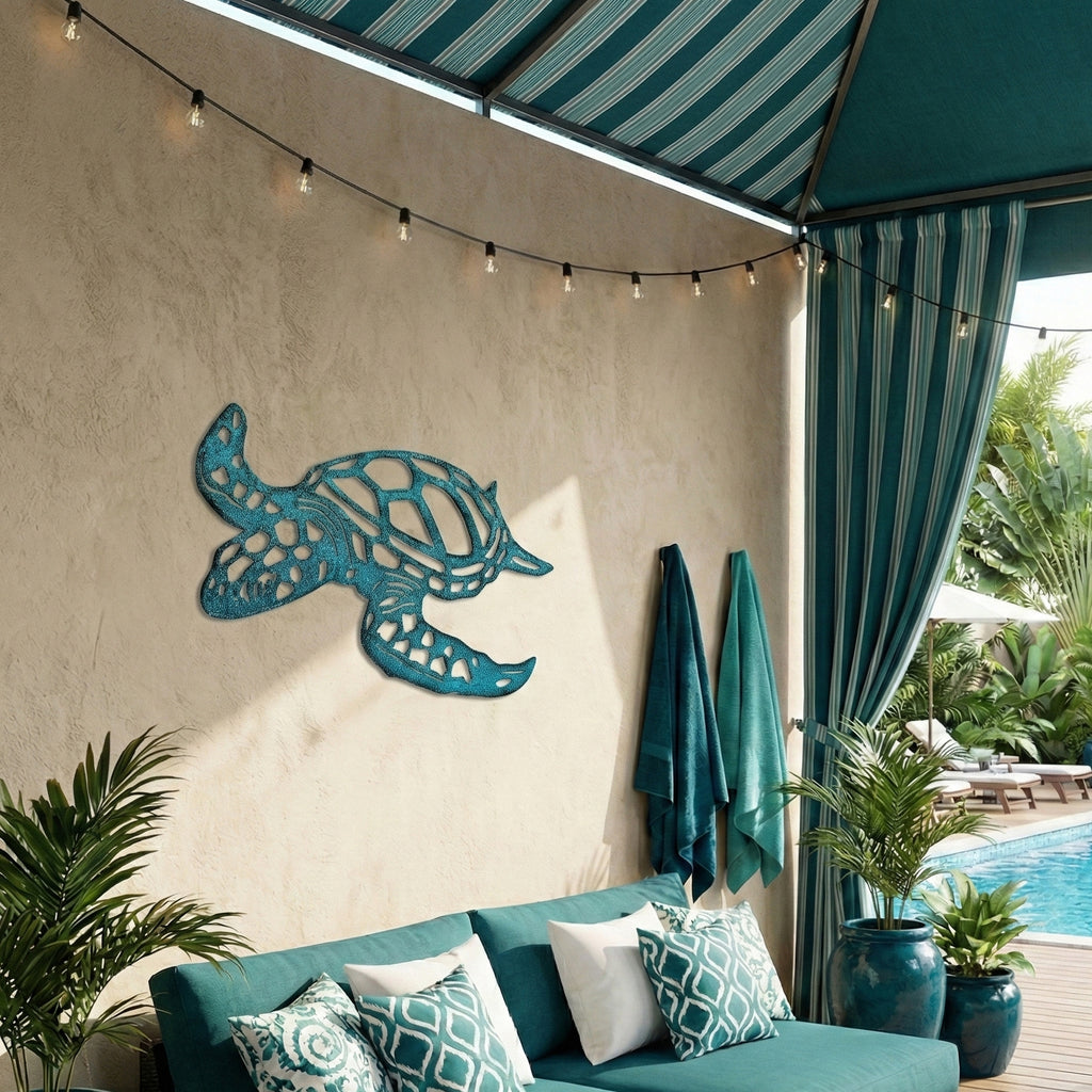 Outdoor patio with teal sofa, decorative turtle wall art, and striped awning.