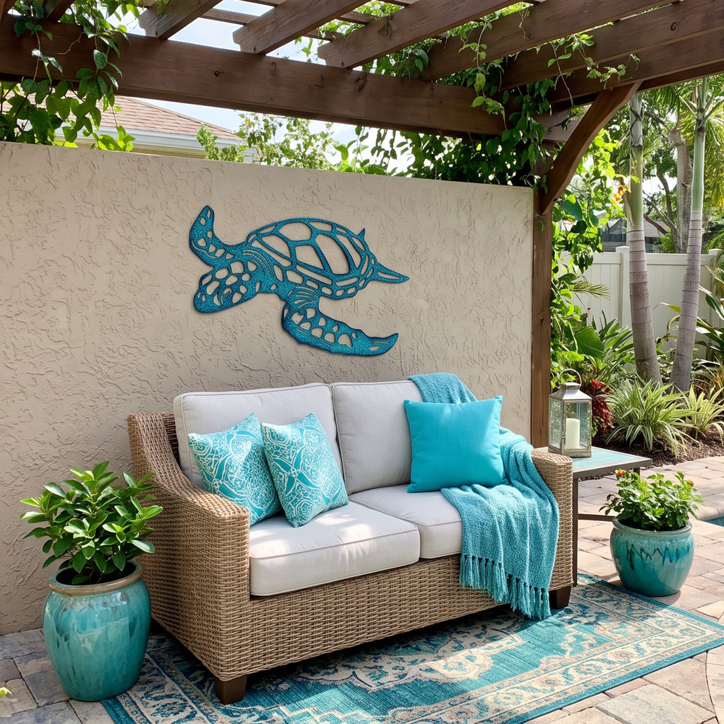 An aqua sea turtle metal wall art piece mounted on a beige stucco wall in a backyard patio setting. Below the wall is a wicker loveseat with white cushions, turquoise pillows, and a blue throw blanket, alongside potted plants and a patterned rug.