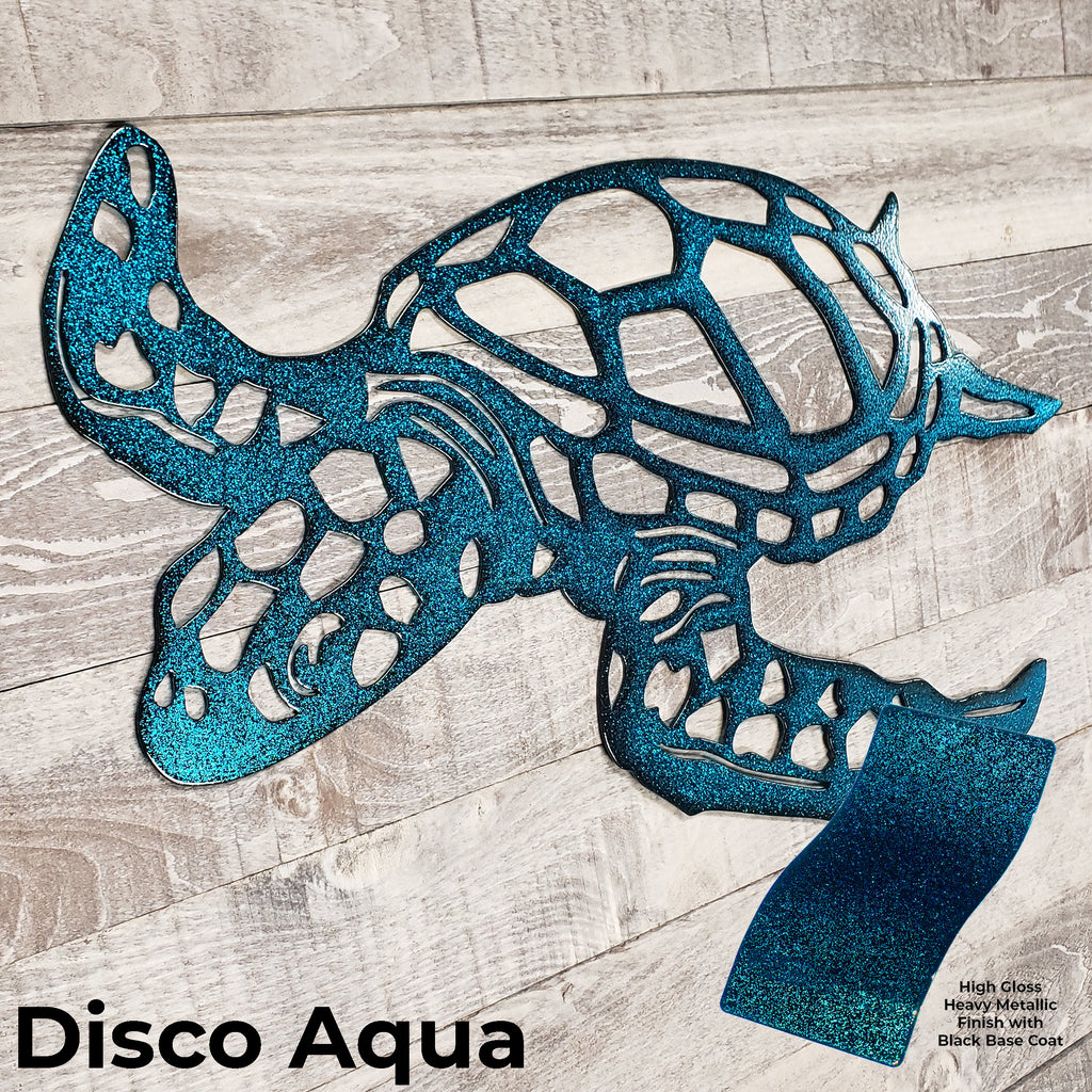 Metallic blue sea turtle sculpture on a wooden surface with 'Disco Aqua' text.