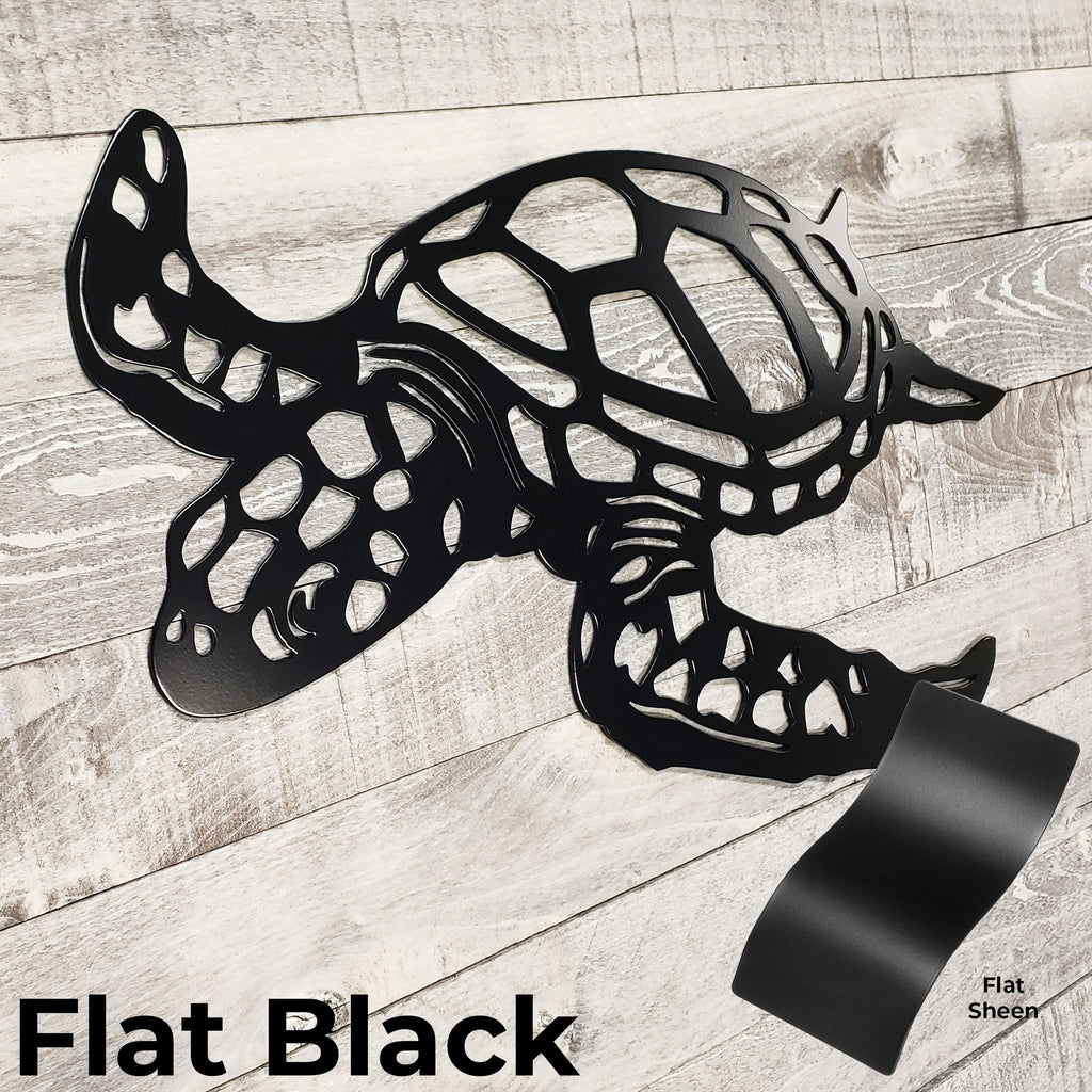 Black metal turtle wall art on a wooden surface with 'Flat Black' text.