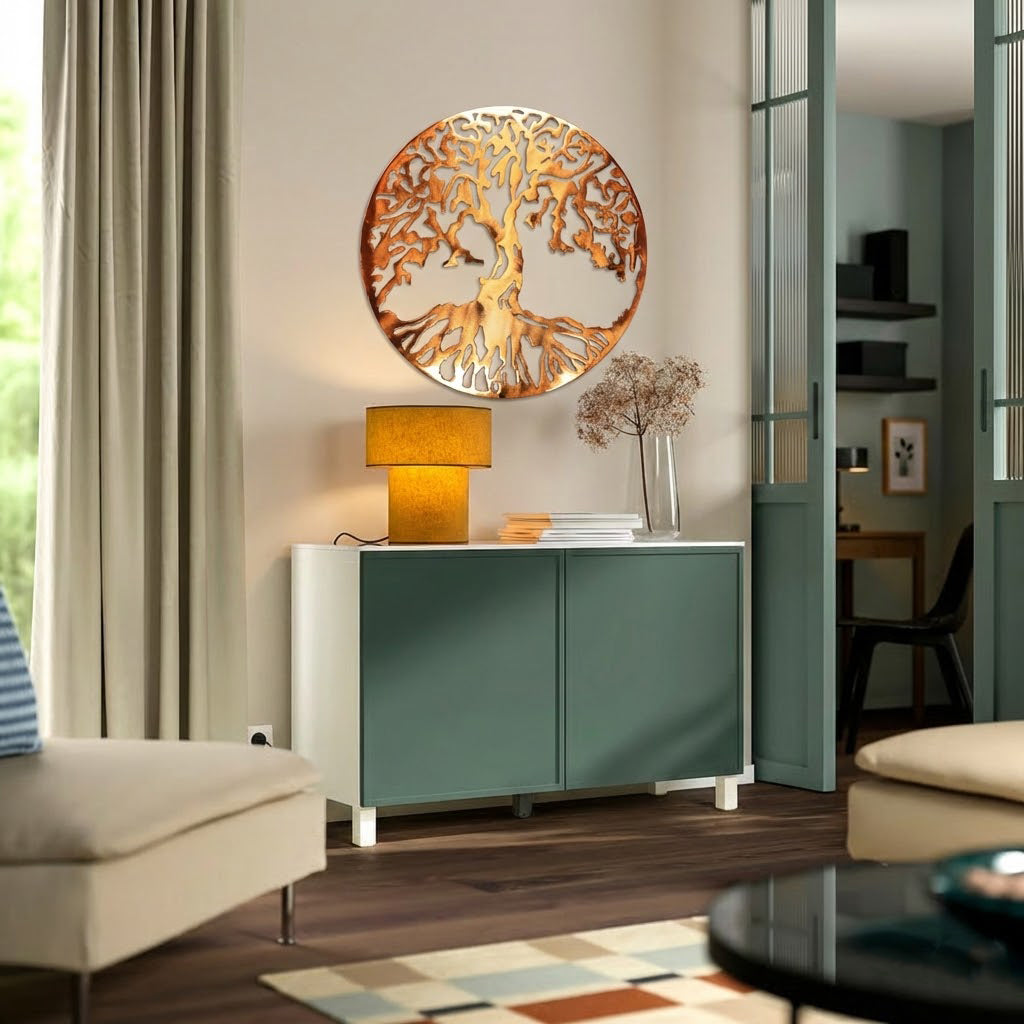 Modern living room with a tree of life metal wall art, lamp, and cabinet.