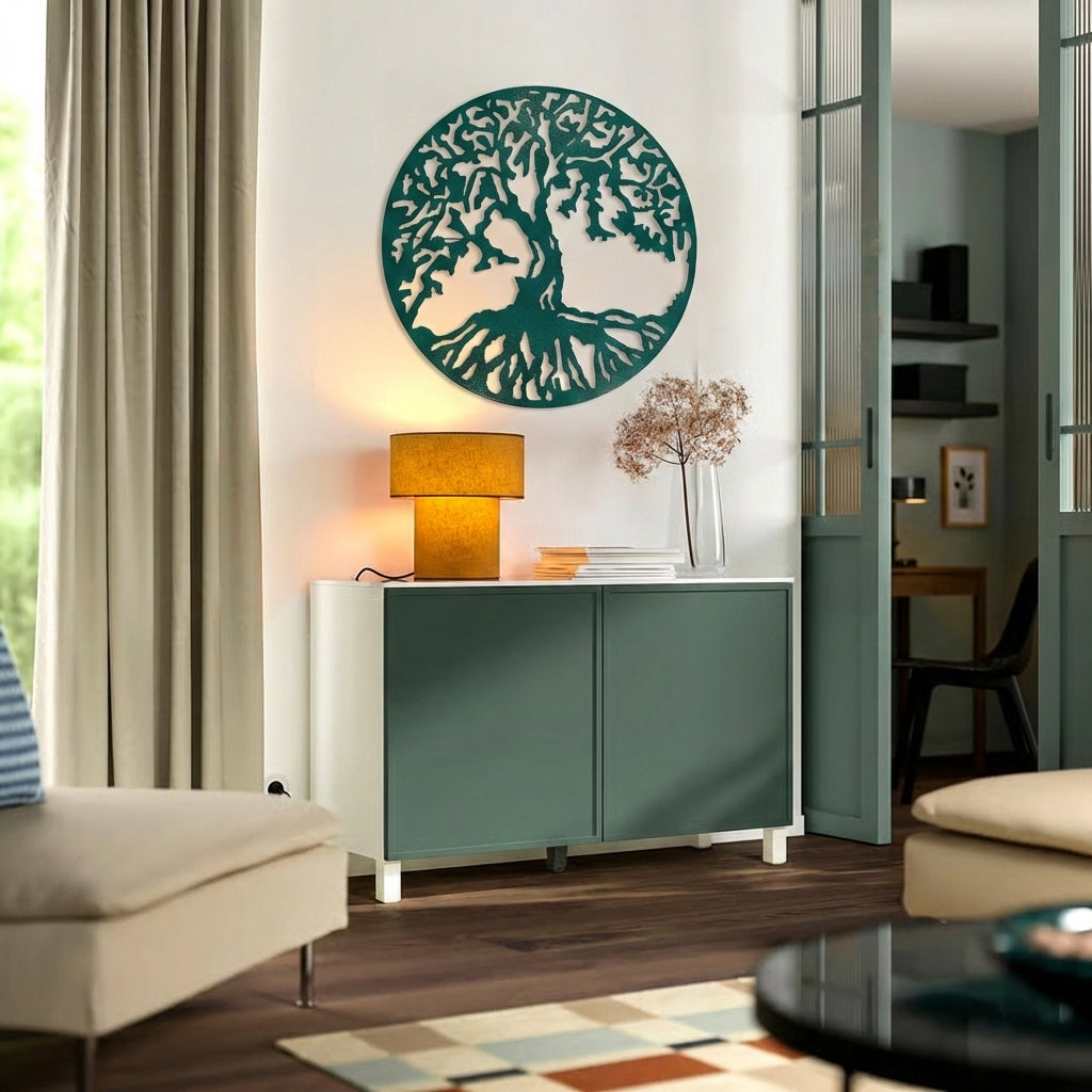 Modern living room with teal sideboard, lamp, and decorative tree of life metal wall art.