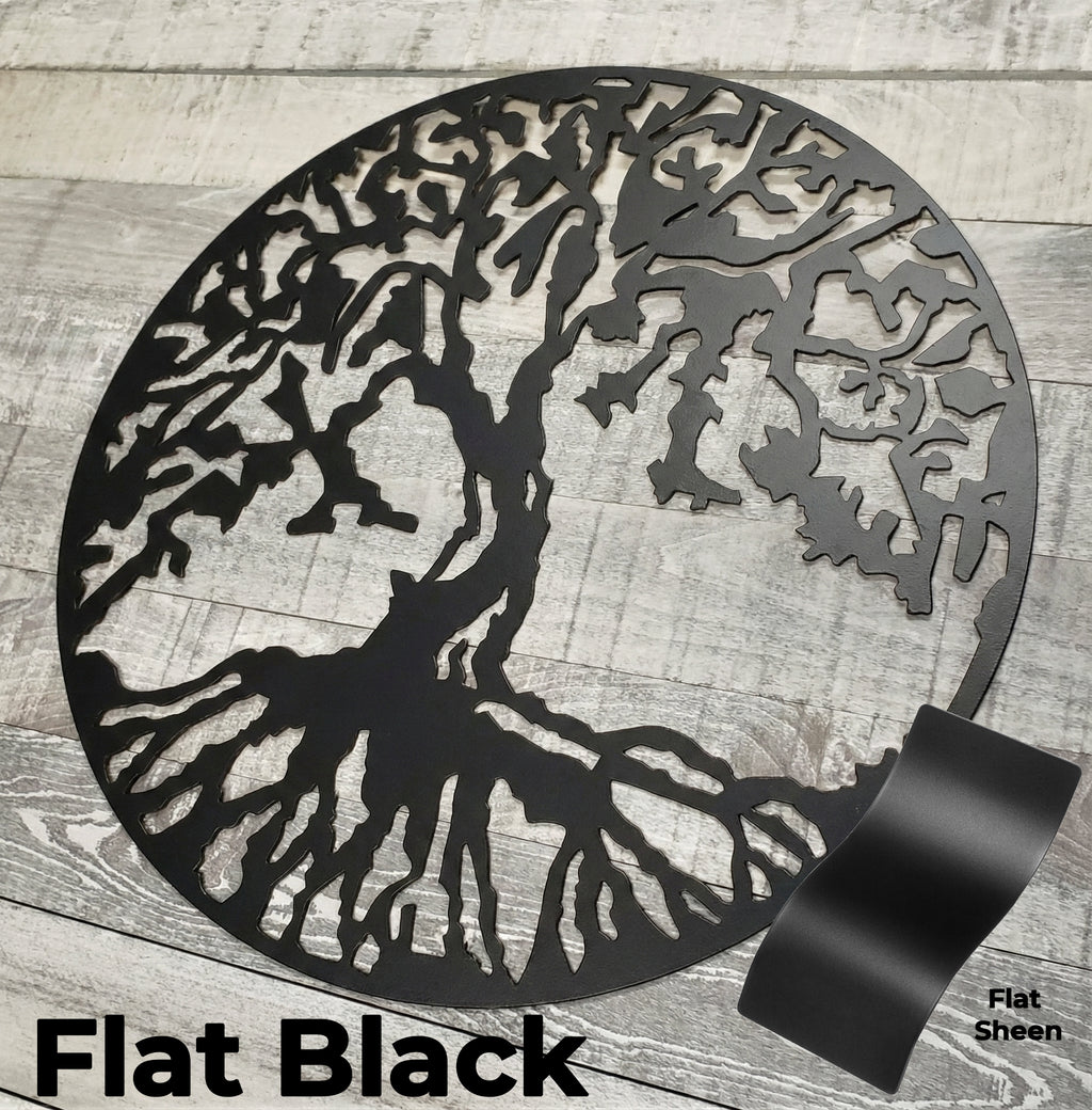 Black metal tree design on a wooden surface with 'Flat Black' text.