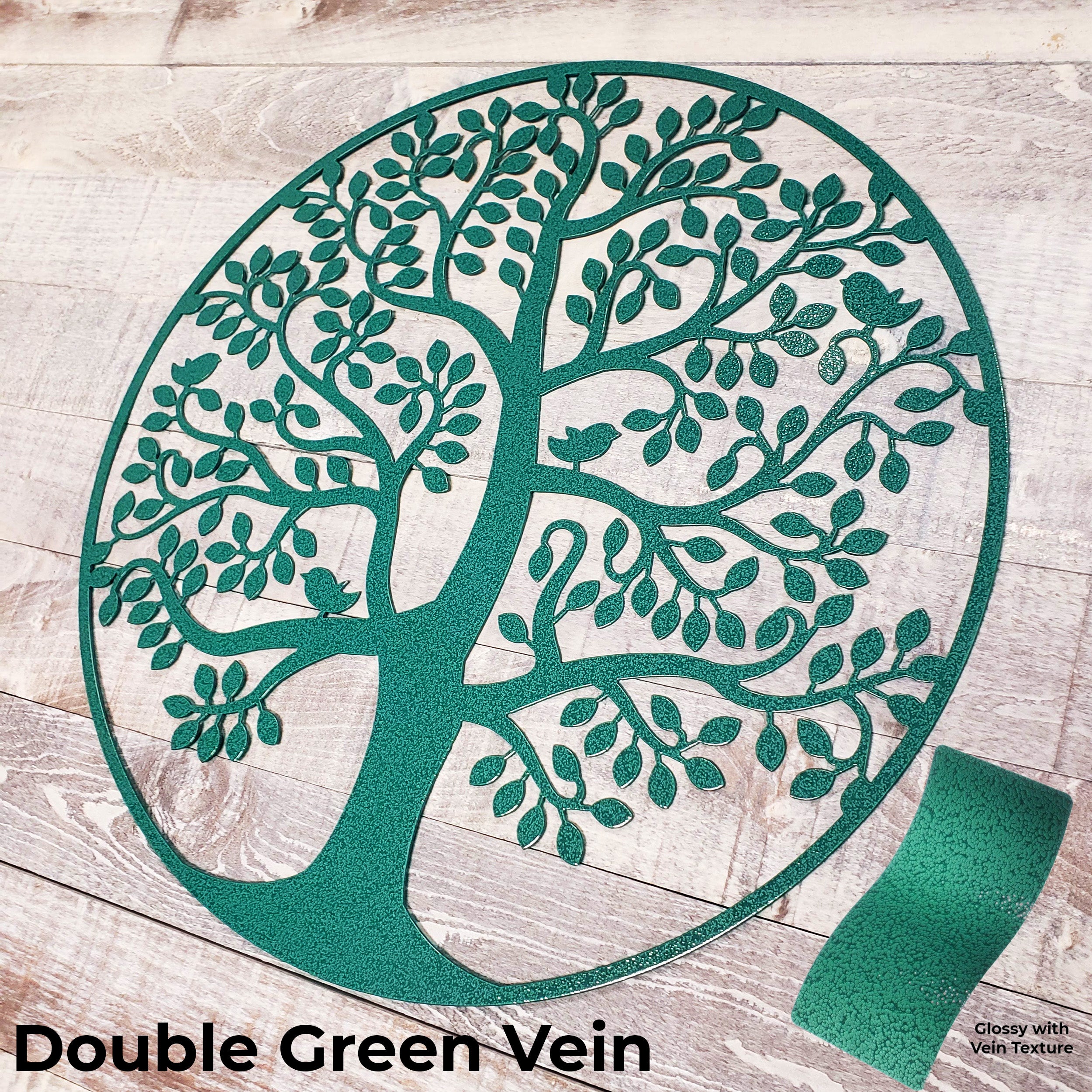 Decorative tree design with double green vein texture on a wooden surface