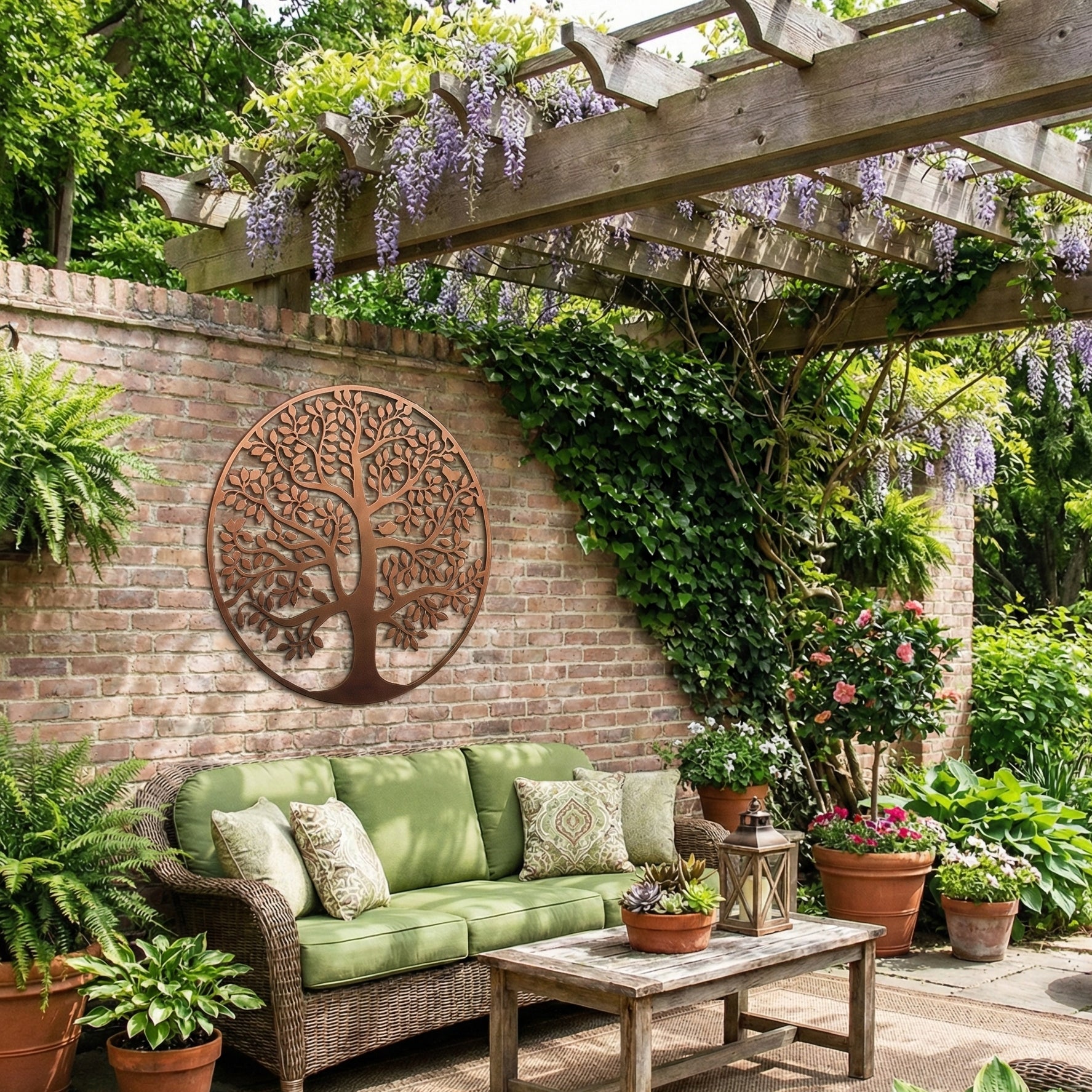 Outdoor patio with green sofa, wooden table, and decorative wall art of a tree.