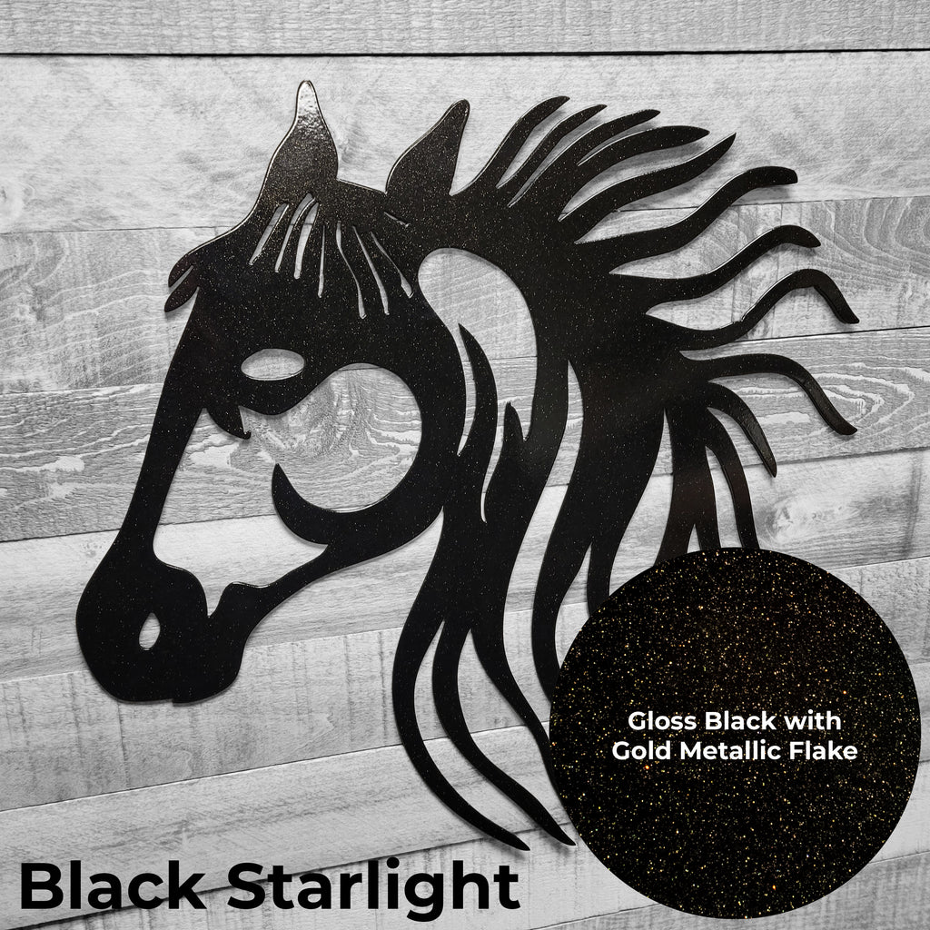 black metal horse head wall art on a wooden background with a close-up of the color finish
