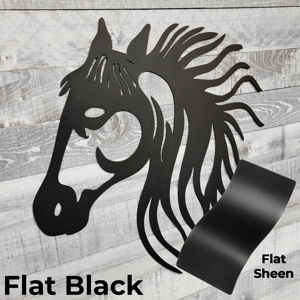 black metal horse head wall art on a wooden background with color panel