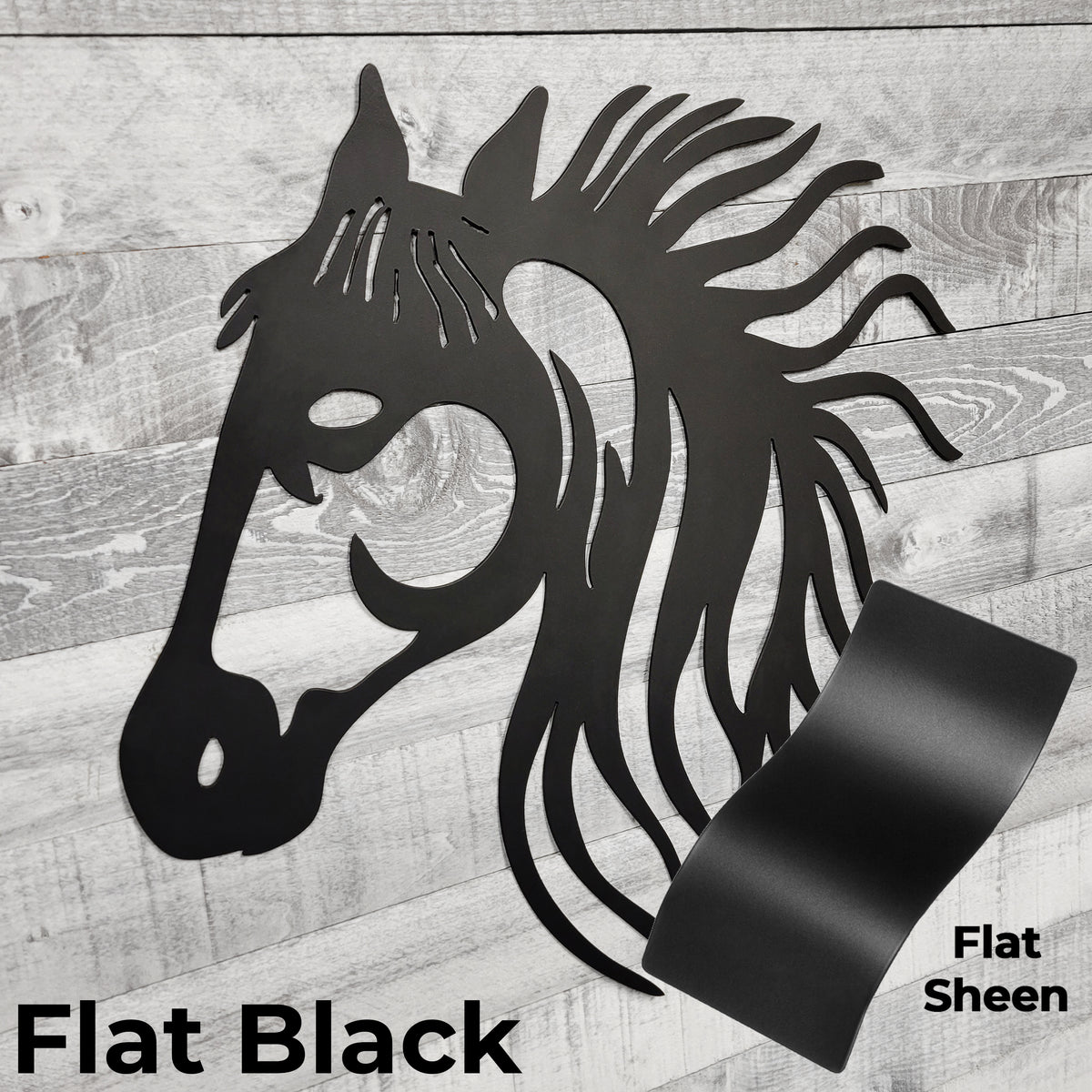 black metal horse head wall art on a wooden background with color panel