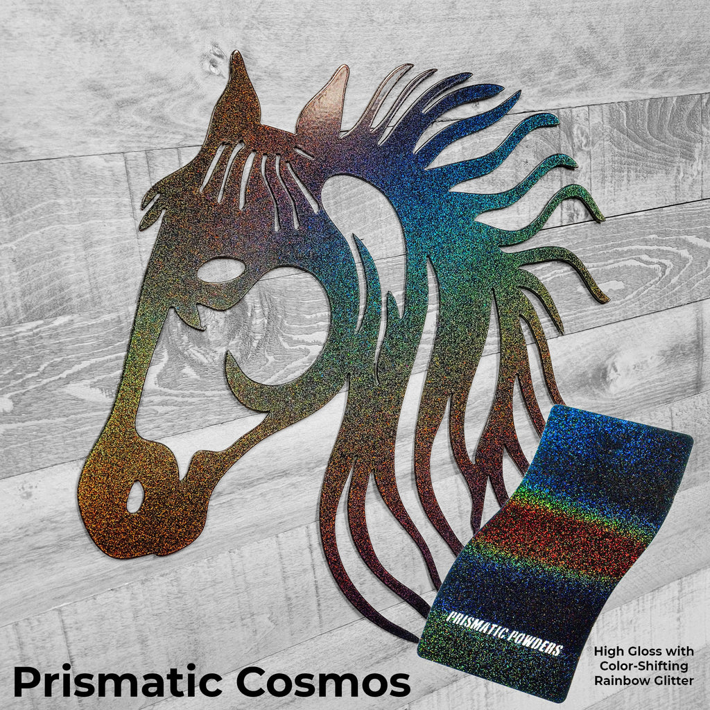 rainbow-shifting metallic metal horse head wall art on a wooden background with color panel