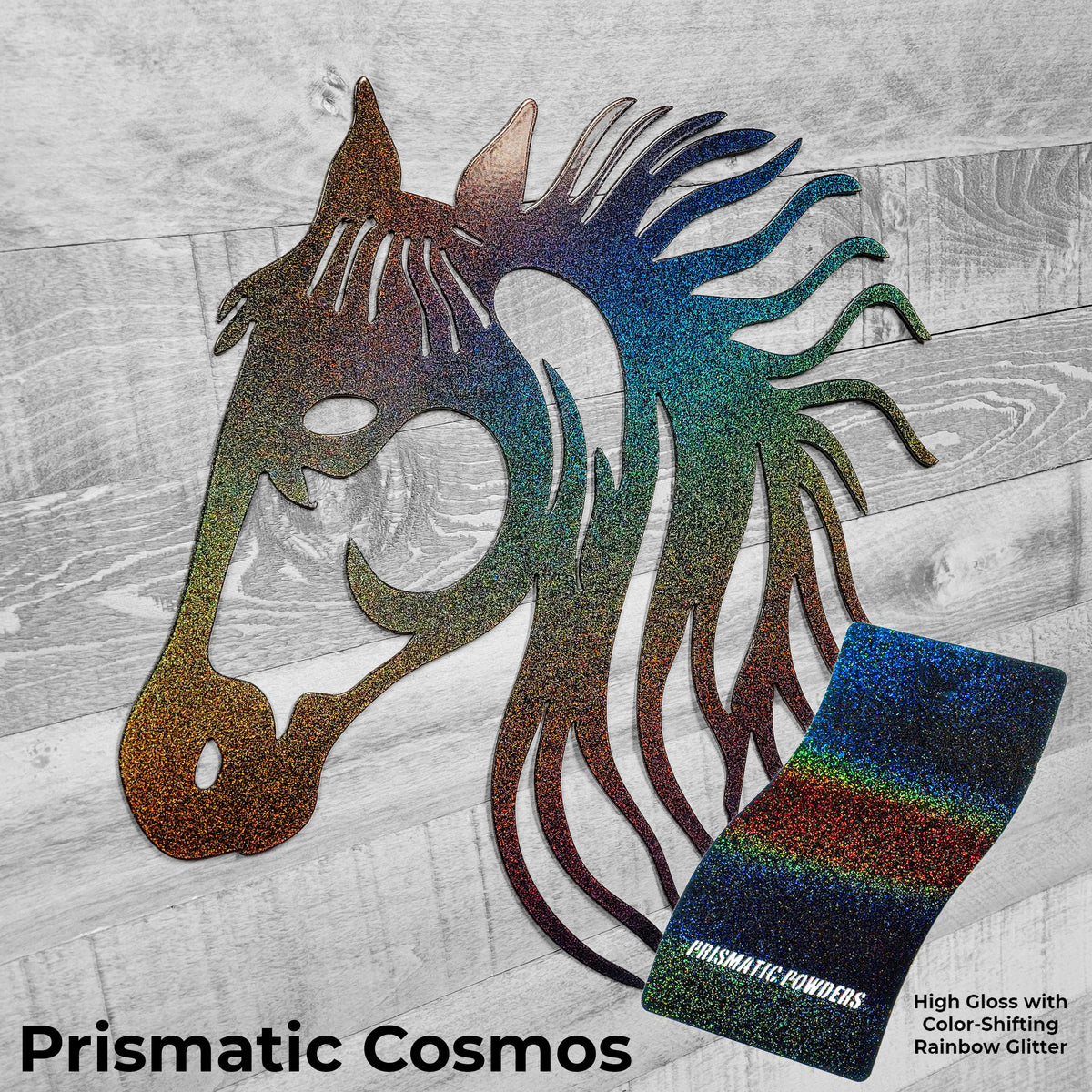 rainbow-shifting metallic metal horse head wall art on a wooden background with color panel