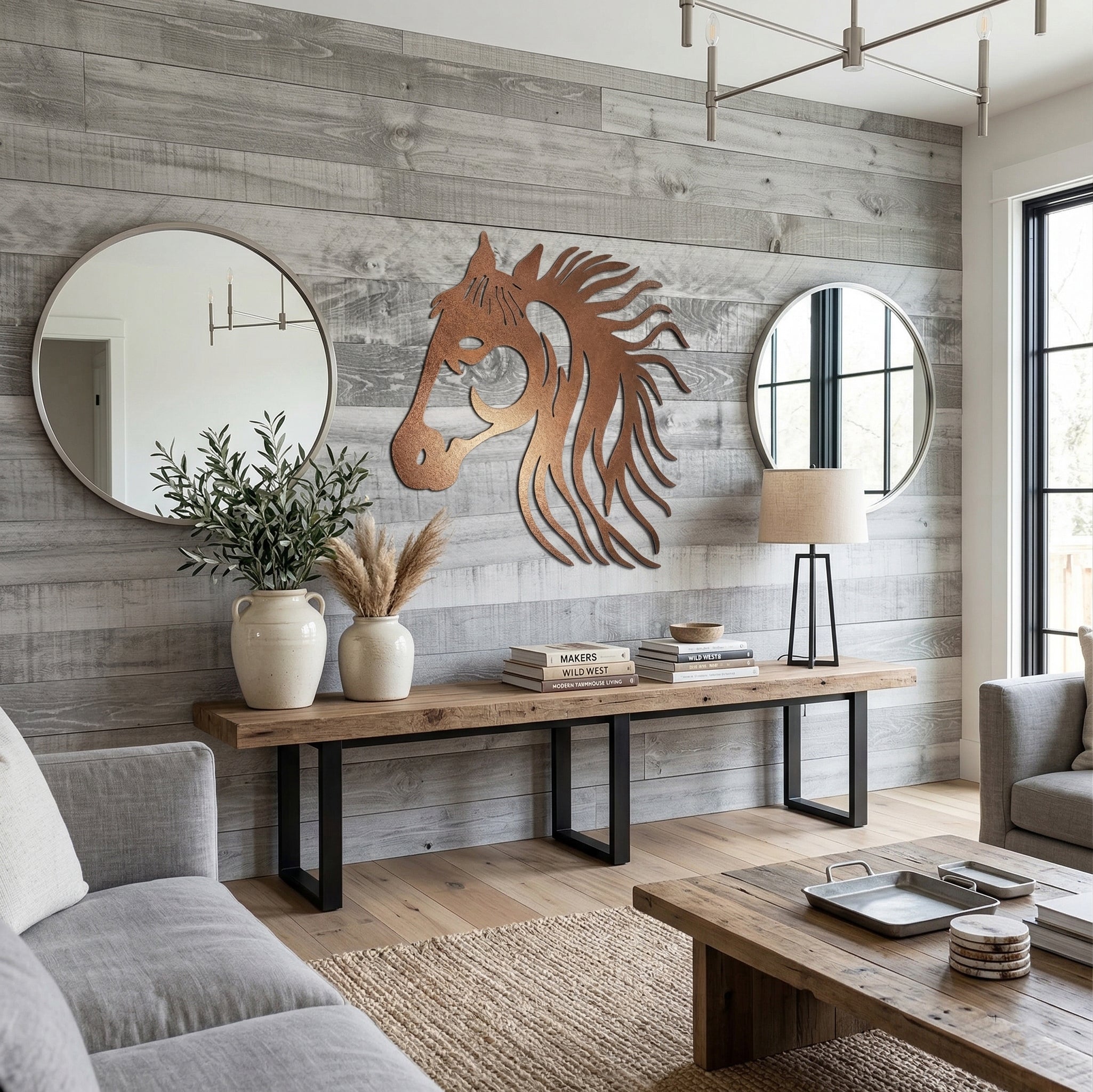 Living room with wooden bench, horse wall art, and round mirrors.