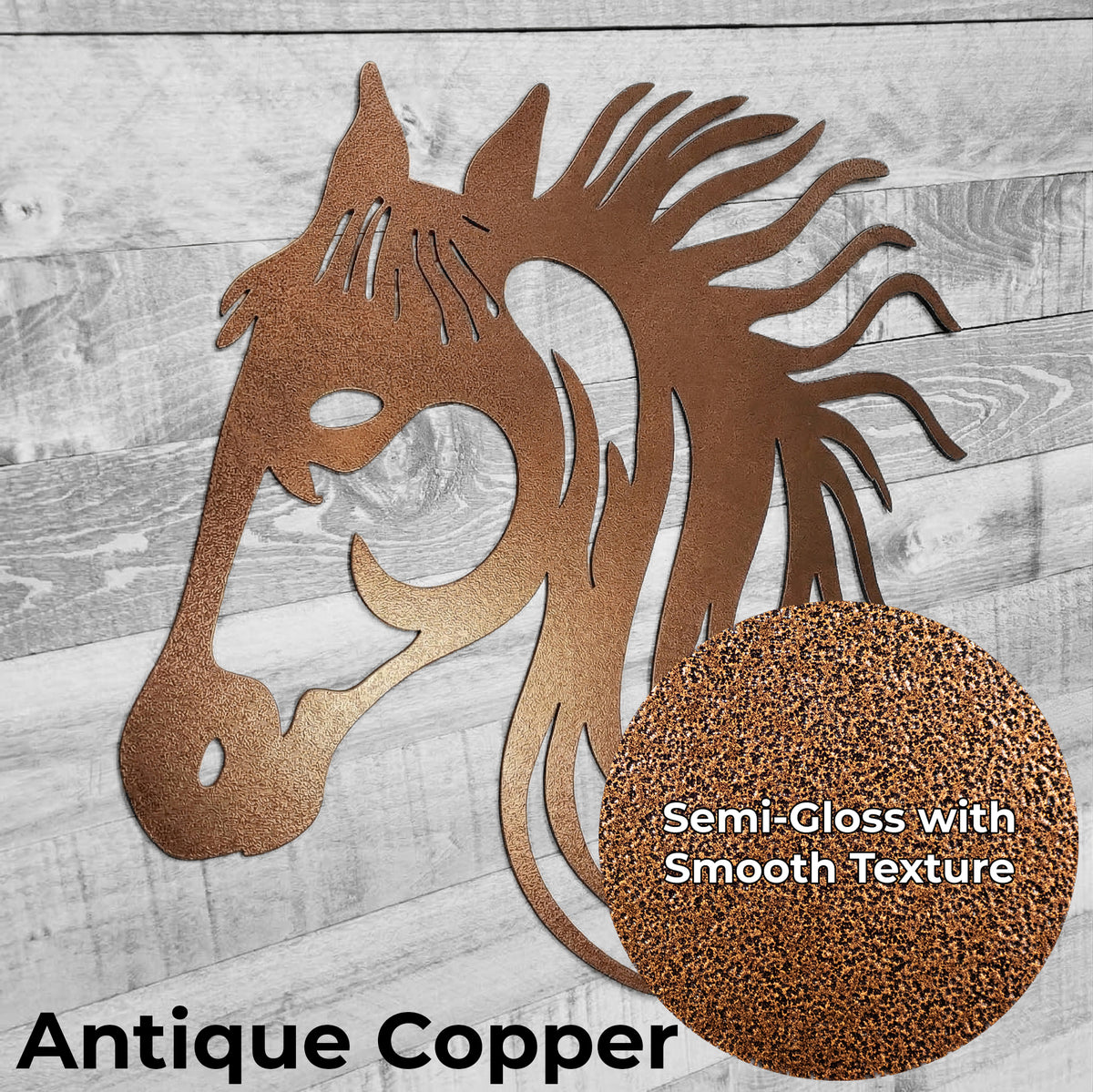 Copper-colored metal horse head wall art on a wooden background with a close-up panel of the color finish