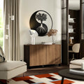 Modern living room with wooden sideboard, decorative wall art, and furniture.