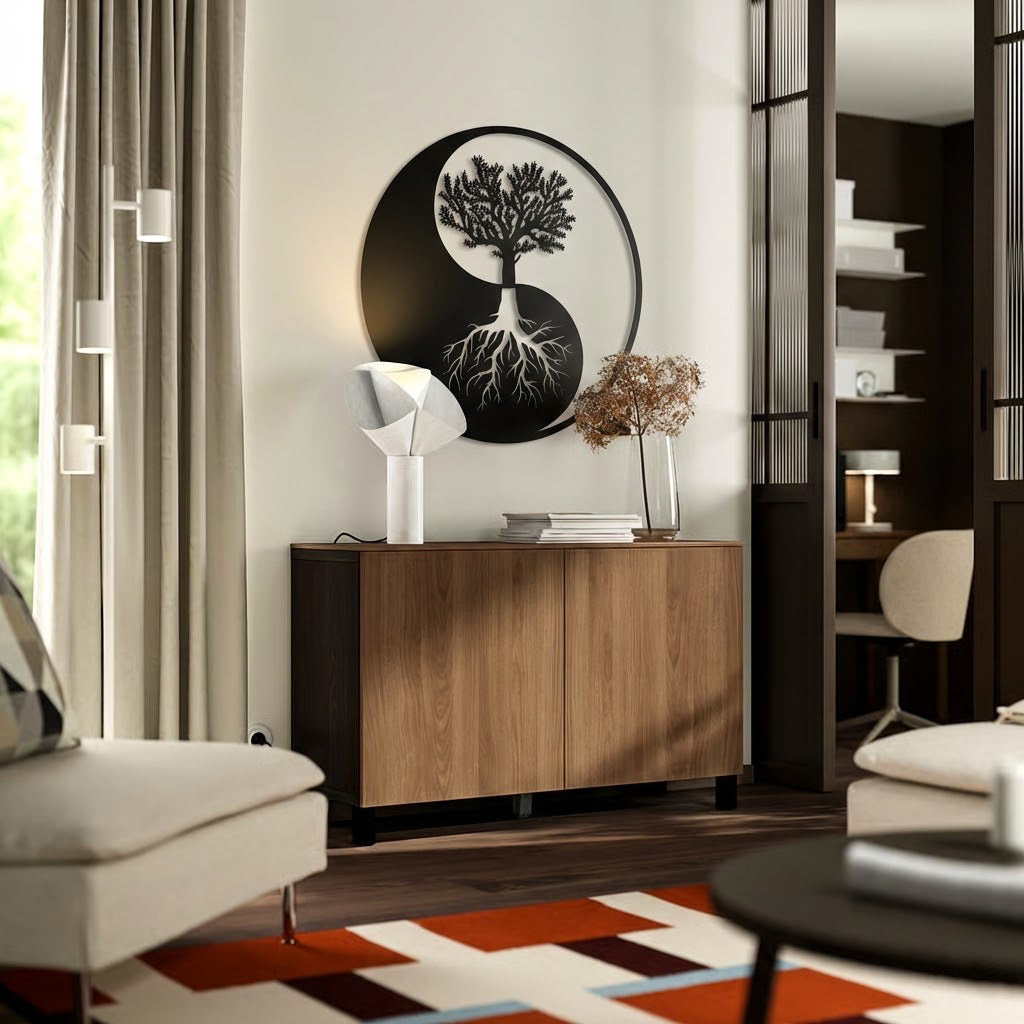 Modern living room with wooden sideboard, decorative wall art, and furniture.