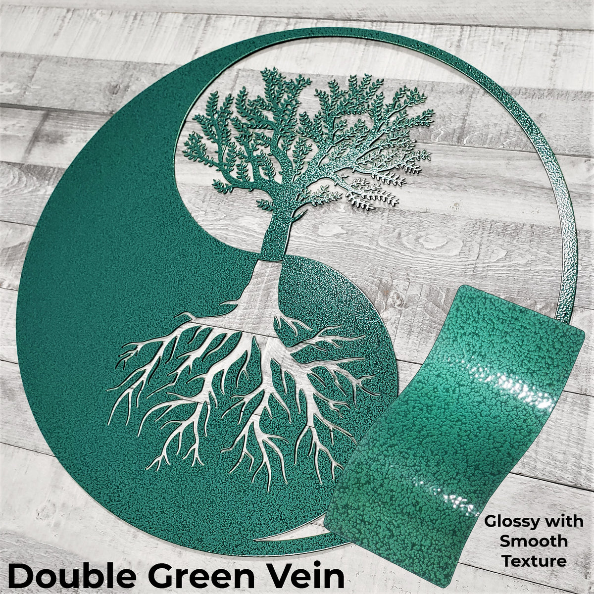 Decorative mat with tree design and green vein texture on a wooden surface