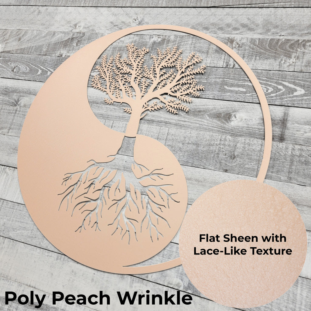 Decorative wall art with tree design on a wooden surface, labeled 'Poly Peach Wrinkle'.
