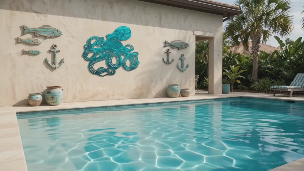 aqua octopus metal wall art in a pool area.