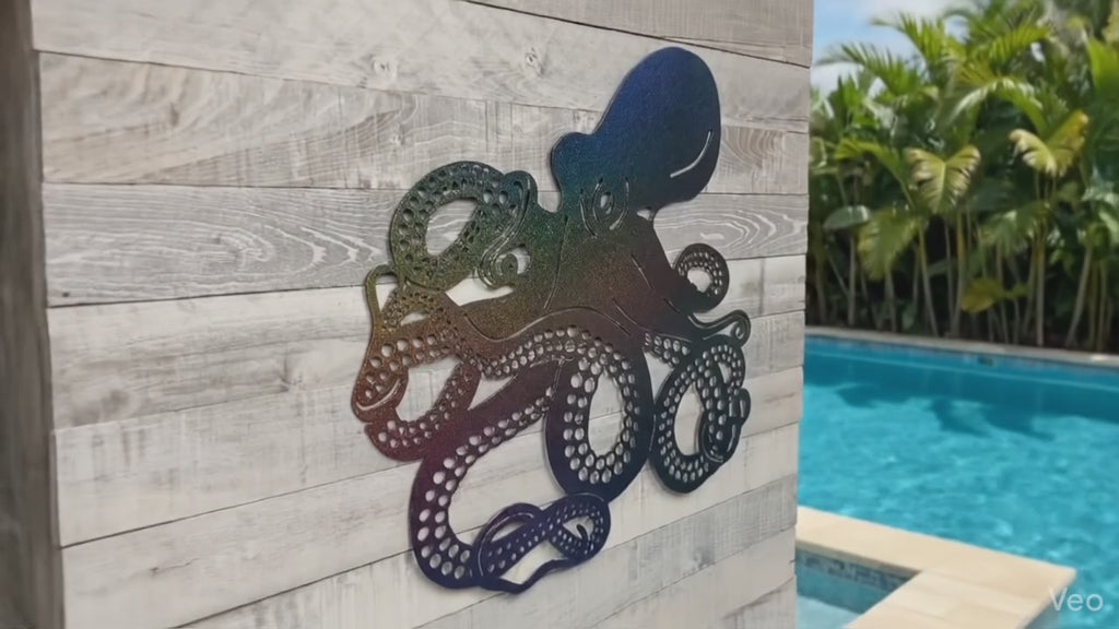 Video showing the shifting rainbow finish on a octopus metal wall art
