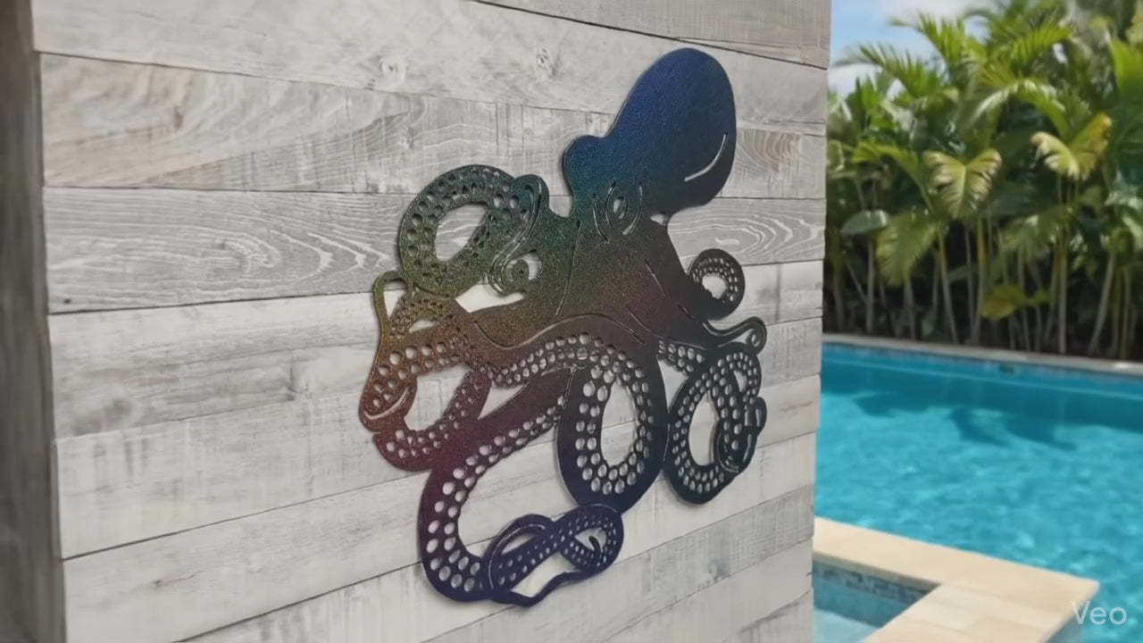 Video showing the shifting rainbow finish on a octopus metal wall art
